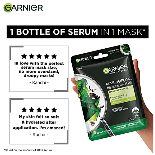 Garnier Pure Charcoal Black Serum Face Sheet Mask - For Oily Skin With Open Pores, 28 g  