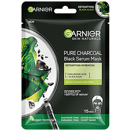 Garnier Pure Charcoal Black Serum Face Sheet Mask - For Oily Skin With Open Pores, 28 g  