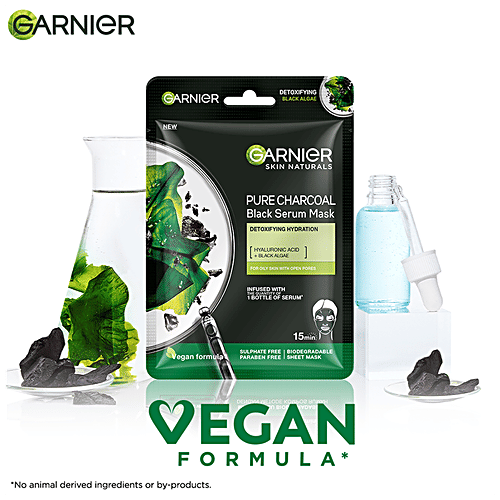 Garnier Pure Charcoal Black Serum Face Sheet Mask - For Oily Skin With Open Pores, 28 g  