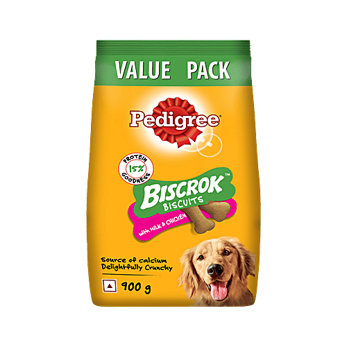 Pedigree Biscrok Biscuits (Above 4 Months) Dog Treats, Chicken with Milk Flavour, 900 g, Source of Calcium, Goodness of 15% Protein, 900 g Source of Calcium, Goodness of Protein