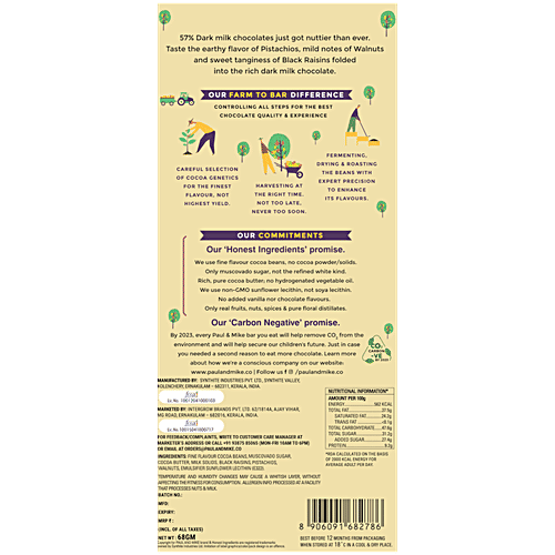 Paul And Mike Pistachios Walnuts & Black Raisins Chocolate - 57% Dark Milk, No Refined Sugar, Natural, 68 g Box No Soya Lecithin