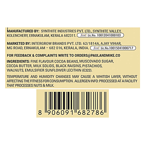 Paul And Mike Pistachios Walnuts & Black Raisins Chocolate - 57% Dark Milk, No Refined Sugar, Natural, 68 g Box No Soya Lecithin
