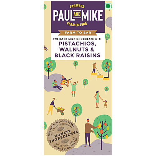Paul And Mike Pistachios Walnuts & Black Raisins Chocolate - 57% Dark Milk, No Refined Sugar, Natural, 68 g Box No Soya Lecithin