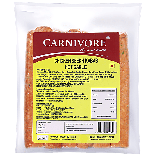Carnivore  Chicken Seekh Kabab - Hot Garlic, 500 g Pouch 