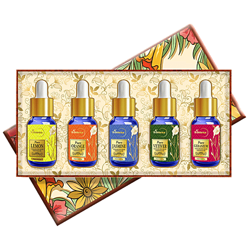 StBotanica Essential Oils Box - Pure Lemon + Orange + Jasmine + Vetiver + Geranium, 1 Kit