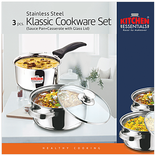 Kitchen Essentials Steel Cookware Set - Milk Saucepan, 14 cm, Casserole With Glass Lid 16 cm, 3 pcs (1 L + 1.4 l)