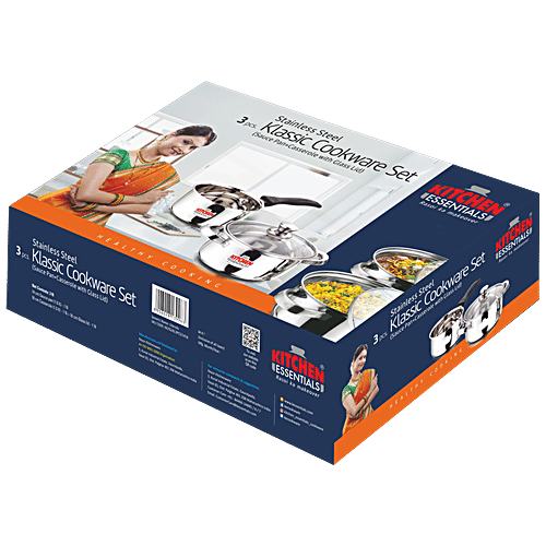 Kitchen Essentials Steel Cookware Set - Milk Saucepan, 14 cm, Casserole With Glass Lid 16 cm, 3 pcs (1 L + 1.4 l)