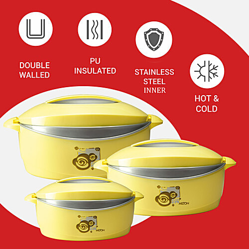 Milton Trump Junior Gift Set Casserole For Roti/Chapati - Yellow With Grey, 3 pcs (500 ml + 1000 ml + 1500 ml) 
