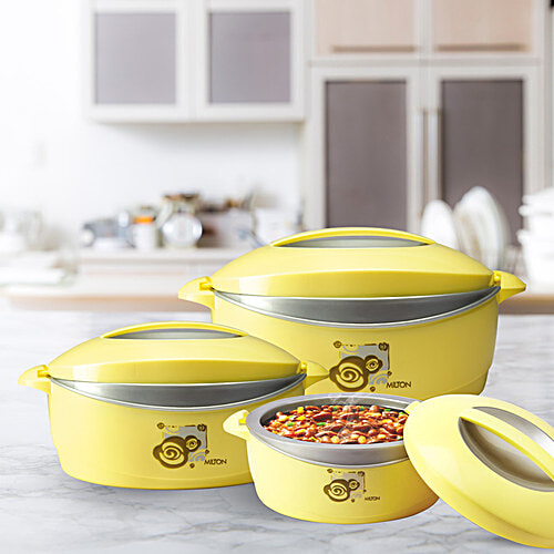 Milton Trump Junior Gift Set Casserole For Roti/Chapati - Yellow With Grey, 3 pcs (500 ml + 1000 ml + 1500 ml) 