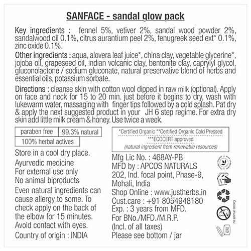 Just Herbs Sanface Sandal Glow Pack - Fennel & Vetiver, All Skin Types, Paraben Free, 150 g  Paraben Free