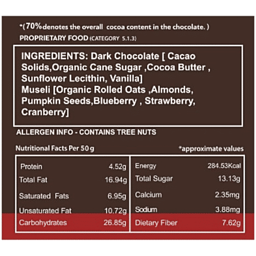 Daarzel 70% Dark Chocolate With Muesli - Vegan, Rich In Antioxidants, Dietary Fibre, 50 g Box Rich in Antioxidants, Dietary Fibre & Vegan