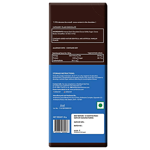 Daarzel 70% Intense Dark Chocolate - Indian Origin, 50 g Box 