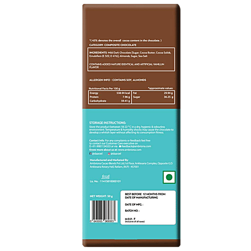 Daarzel 45% Mild Dark Chocolate with Caramelised Almonds and Sea Salt, 50 g Box 