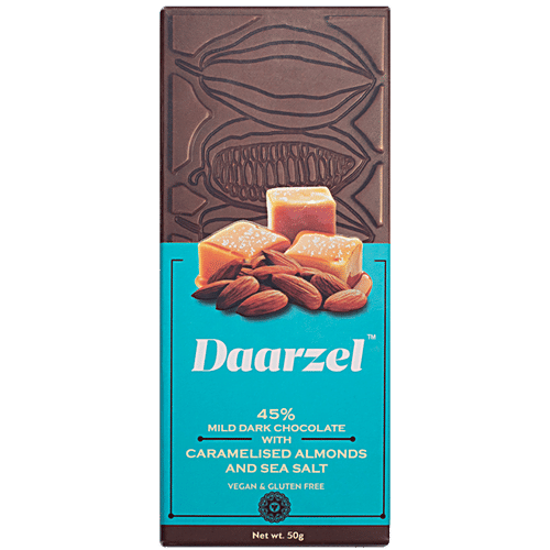 Daarzel 45% Mild Dark Chocolate with Caramelised Almonds and Sea Salt, 50 g Box 