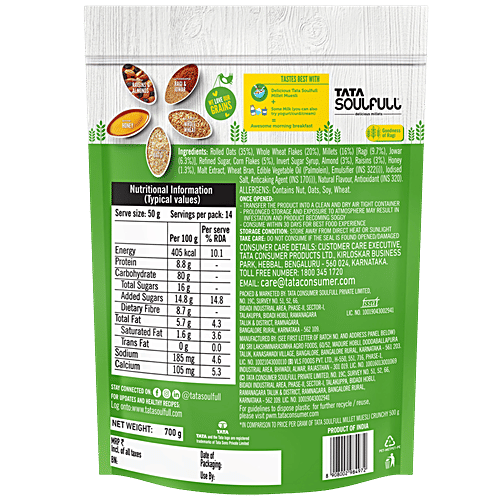 Tata Soulfull Crunchy Millet Muesli Breakfast Cereal With Almonds & Raisins, 700 g  Source of Protein