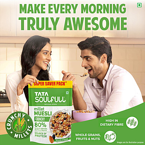Tata Soulfull Crunchy Millet Muesli Breakfast Cereal With Almonds & Raisins, 700 g  Source of Protein