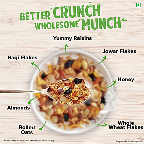 Tata Soulfull Crunchy Millet Muesli Breakfast Cereal With Almonds & Raisins, 700 g  Source of Protein