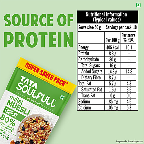 Tata Soulfull Crunchy Millet Muesli Breakfast Cereal With Almonds & Raisins, 700 g  Source of Protein
