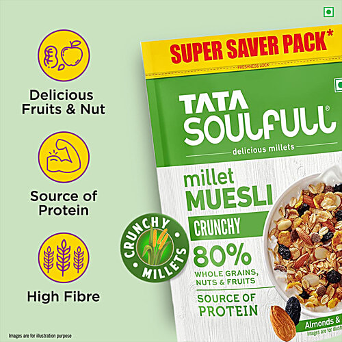 Tata Soulfull Crunchy Millet Muesli Breakfast Cereal With Almonds & Raisins, 700 g  Source of Protein