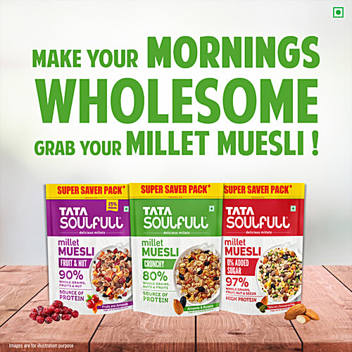 Tata Soulfull Crunchy Millet Muesli Breakfast Cereal With Almonds & Raisins, 700 g  Source of Protein