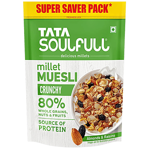 Tata Soulfull Crunchy Millet Muesli Breakfast Cereal With Almonds & Raisins, 700 g  Source of Protein