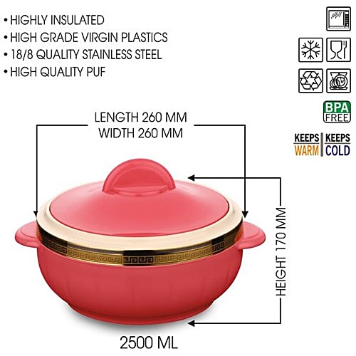 Asian Insulated Plastic Casserole For Roti/Chapati Classic - Red, 2.5 L Keeps Food Warm & Cold
