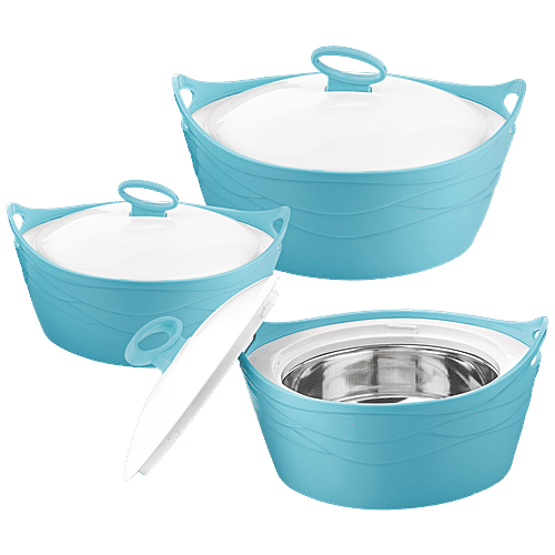 Asian Insulated Plastic Casserole For Roti/Chapati - Flamingo Deluxe Blue, 3 pcs (1000 ml + 1500 ml + 2500 ml) 