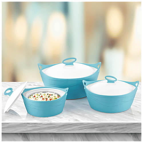 Asian Insulated Plastic Casserole For Roti/Chapati - Flamingo Deluxe Blue, 3 pcs (1000 ml + 1500 ml + 2500 ml) 
