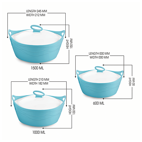 Asian Insulated Plastic Casserole For Roti/Chapati - Flamingo Deluxe Blue, 3 pcs (1000 ml + 1500 ml + 2500 ml) 