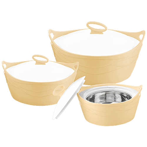 Asian Insulated Plastic Casserole For Roti/Chapati - Flamingo Deluxe, Yellow, 3 pcs (2.5 L + 1.5 L + 1 L) 