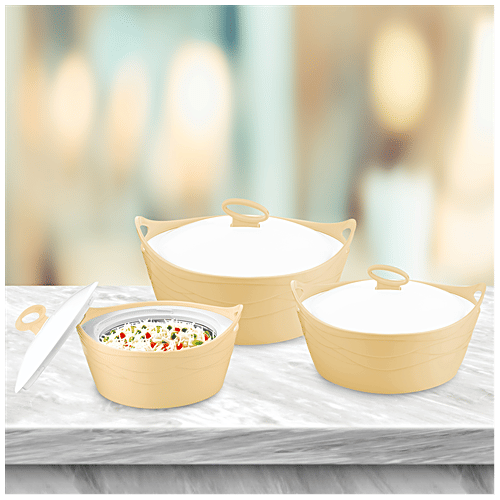 Asian Insulated Plastic Casserole For Roti/Chapati - Flamingo Deluxe, Yellow, 3 pcs (2.5 L + 1.5 L + 1 L) 