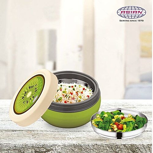 Asian Microwaveable Round Plastic Lunch Box/Tiffin Box - Fun Meal, Green, Medium, 1 pc  