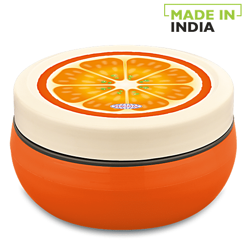 Asian Microwaveable Round Plastic Lunch Box/Tiffin Box - Fun Meal, Orange, Medium, 1 pc  