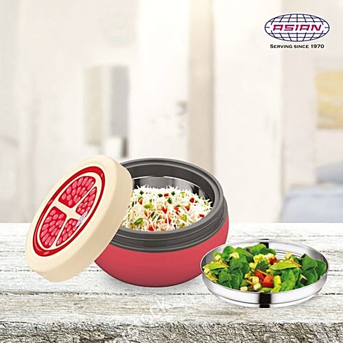 Asian Microwaveable Round Plastic Lunch Box/Tiffin Box - Fun Meal, Red, Medium, 1 pc  