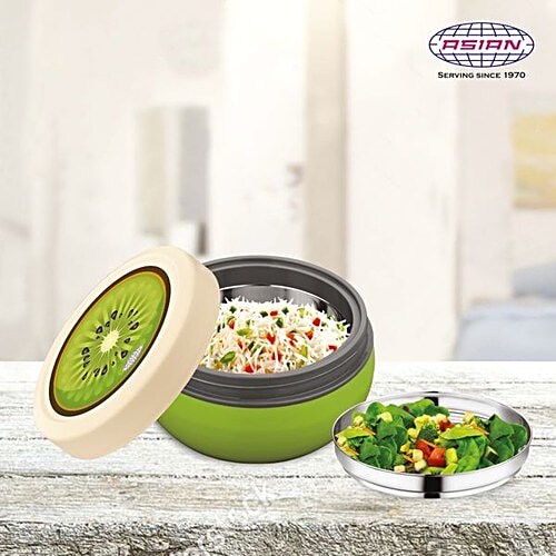 Asian Microwaveable Round Plastic Lunch Box/Tiffin Box - Fun Meal, Green, Large, 350 ml  