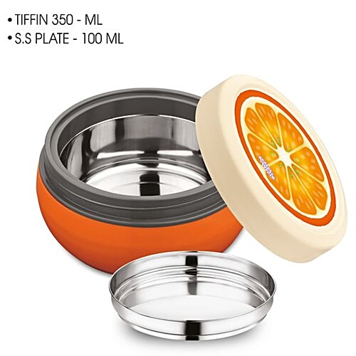 Asian Microwaveable Round Plastic Lunch Box/Tiffin Box - Fun Meal, Orange, Large, 350 ml  