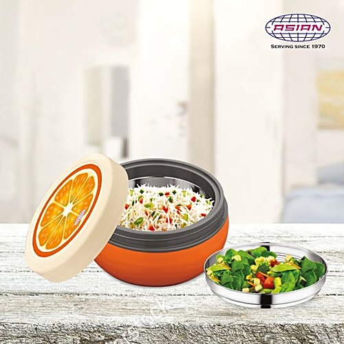 Asian Microwaveable Round Plastic Lunch Box/Tiffin Box - Fun Meal, Orange, Large, 350 ml  