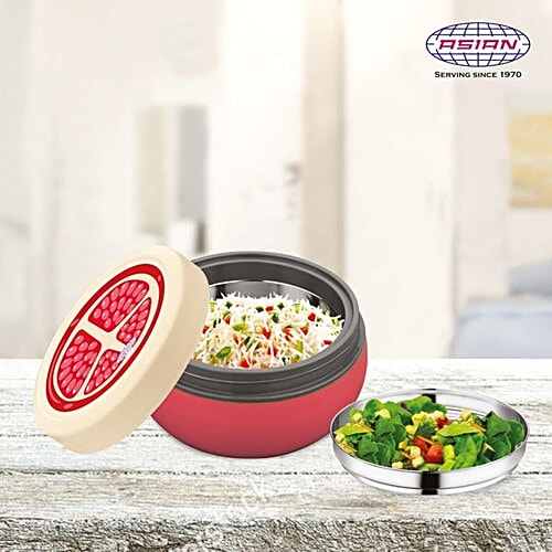 Asian Microwaveable Round Plastic Lunch Box/Tiffin Box - Fun Meal, Red, Large, 350 ml  