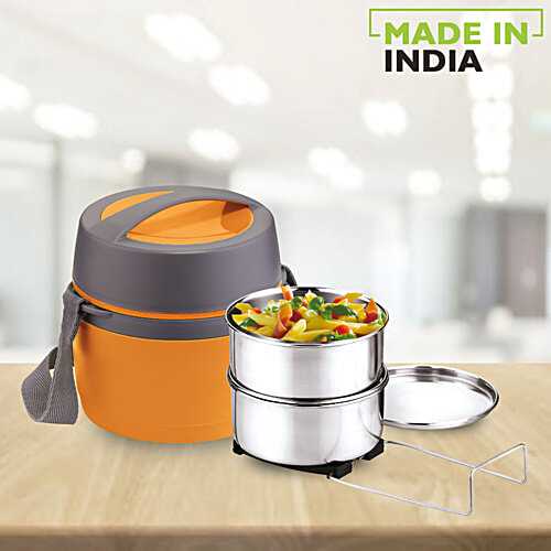 Asian Leakproof Insulated Carry Along Plastic Lunch Box/Tiffin Box - Happy Meal, Orange, 1 pc Airtight Lockage