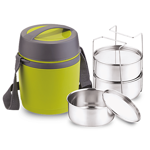 Asian Stainless Steel Lunch Box/Tiffin Box Insulated Leakproof - Happy Meal, Green, 400 ml (Set of 3) Dishwasher & Microwave Safe