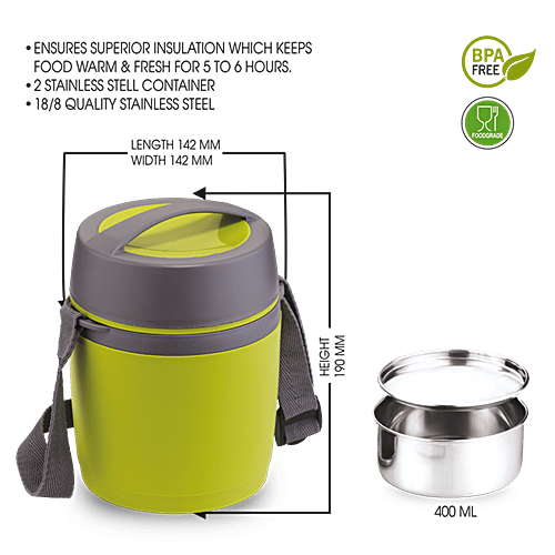 Asian Stainless Steel Lunch Box/Tiffin Box Insulated Leakproof - Happy Meal, Green, 400 ml (Set of 3) Dishwasher & Microwave Safe