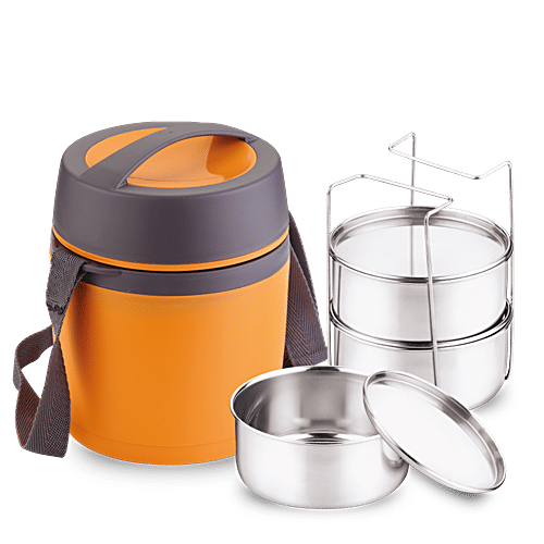 Asian Stainless Steel Insulated Lunch Box/Tiffin Box Leakproof - Happy Meal, Orange, 400 ml (Set of 3) 