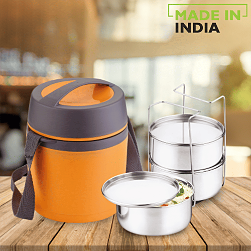 Asian Stainless Steel Insulated Lunch Box/Tiffin Box Leakproof - Happy Meal, Orange, 400 ml (Set of 3) 