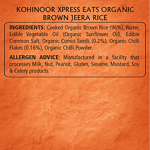 Kohinoor Xpress Eats Ready To Eat - Organic Brown Jeera Rice, 250 g Microwave Pack No Added Preservatives & MSG