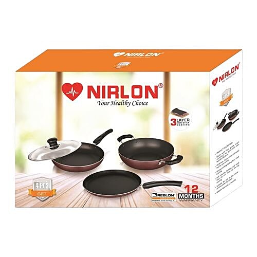 Nirlon Non-Stick Cookware Gift Set - Maroon, Tawa + Fry Pan + Kadai + SS Lid, 4 pcs (Tawa + Kadai + Frypan)