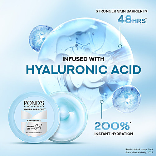 Ponds Hyaluronic Super Light Gel For Oily/Combination Skin, 50 g Infused with Hyaluronic Acid, Instant Hydration, 48 Hrs Hydration