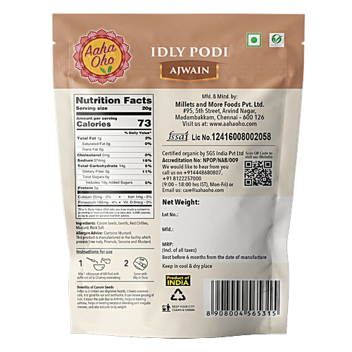 Aaha Oho Organic Idly Podi - Ajwain, 100 g Pouch 