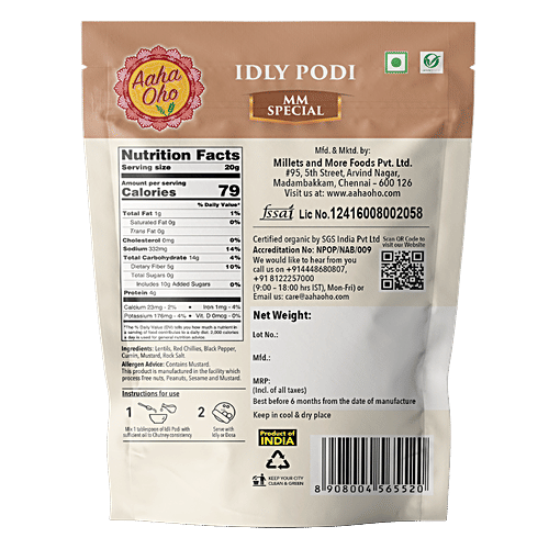 Aaha Oho Organic Idly Podi - MM Special, 100 g Pouch 