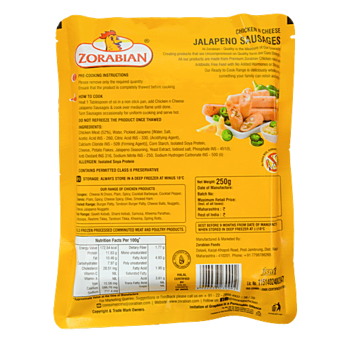 Zorabian Chicken & Cheese Jalapeno Sausages, 250 g  Zero Trans Fat