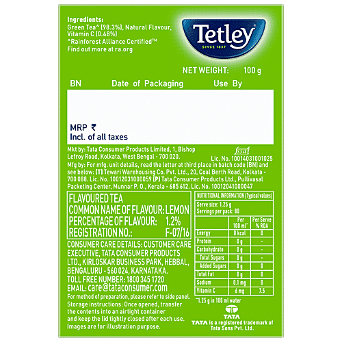 Tetley Lemon Flavour Loose Leaf Green Tea - With Added Vitamin C, 100 g Loose Green Tea Leaves, For Immune System